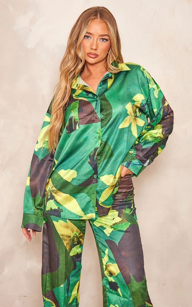 Green Floral Abstract Satin Oversized Long Sleeve Shirt, Green
