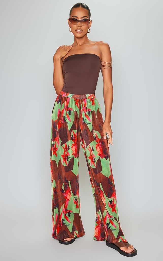 Green Floral Abstract Print Plisse High Waisted Wide Leg Trousers, Green