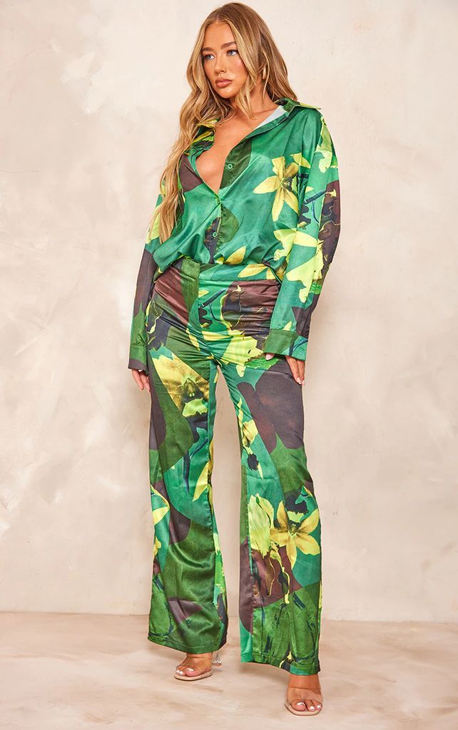 Green Floral Abstract Satin Oversized Wide Leg Trousers, Green