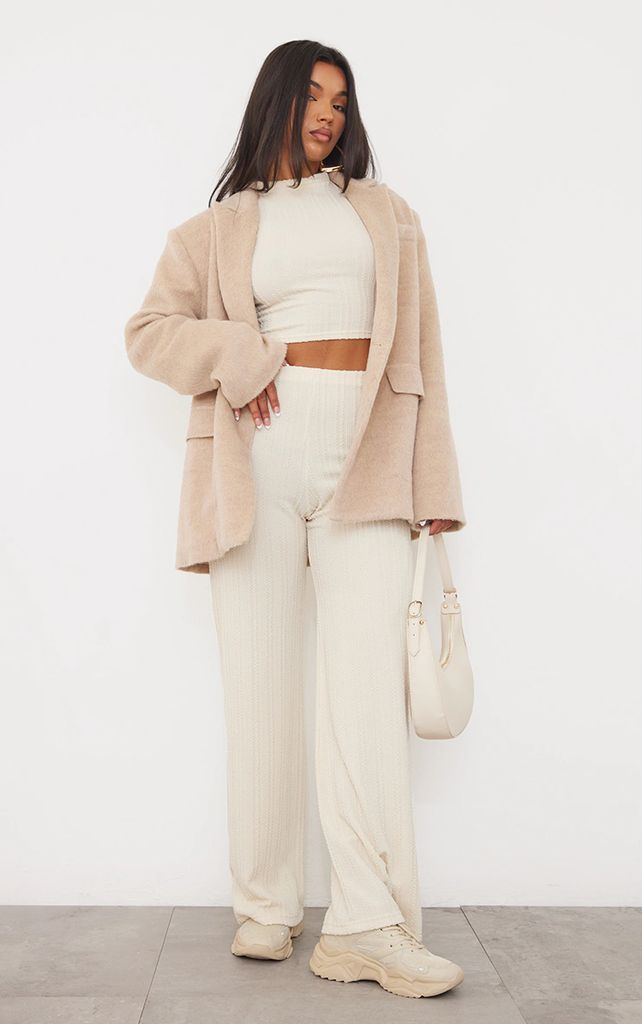 Cream Textured Ribbed High Waisted Wide Leg Trousers