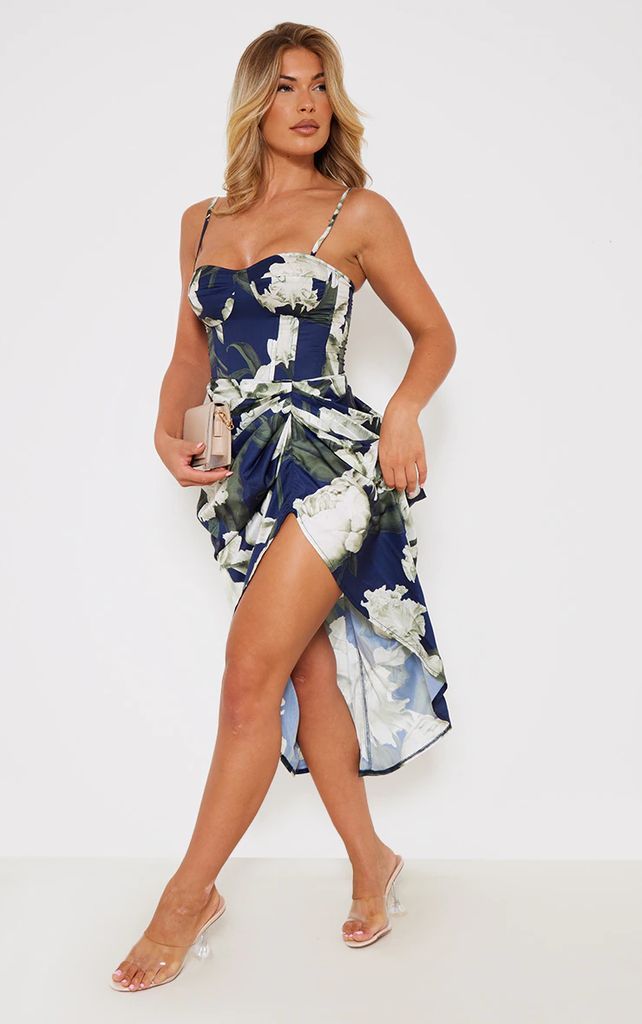 Navy Floral Ruched Side Midi Skirt