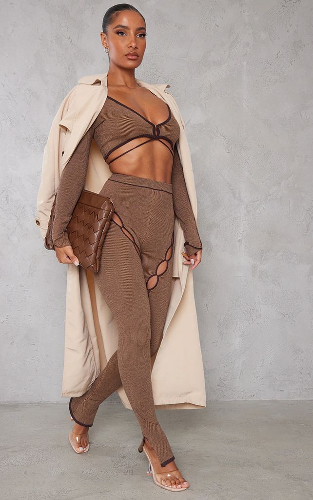 Brown Two Tone Front Cut Out Knit Trouser