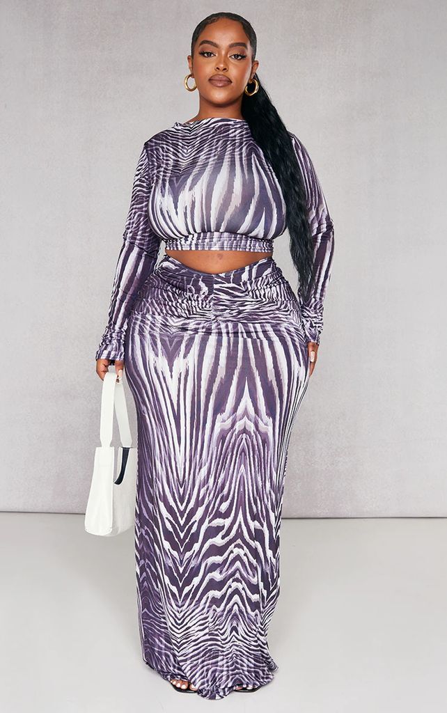 Plus Zebra Ruched Front Maxi Skirt