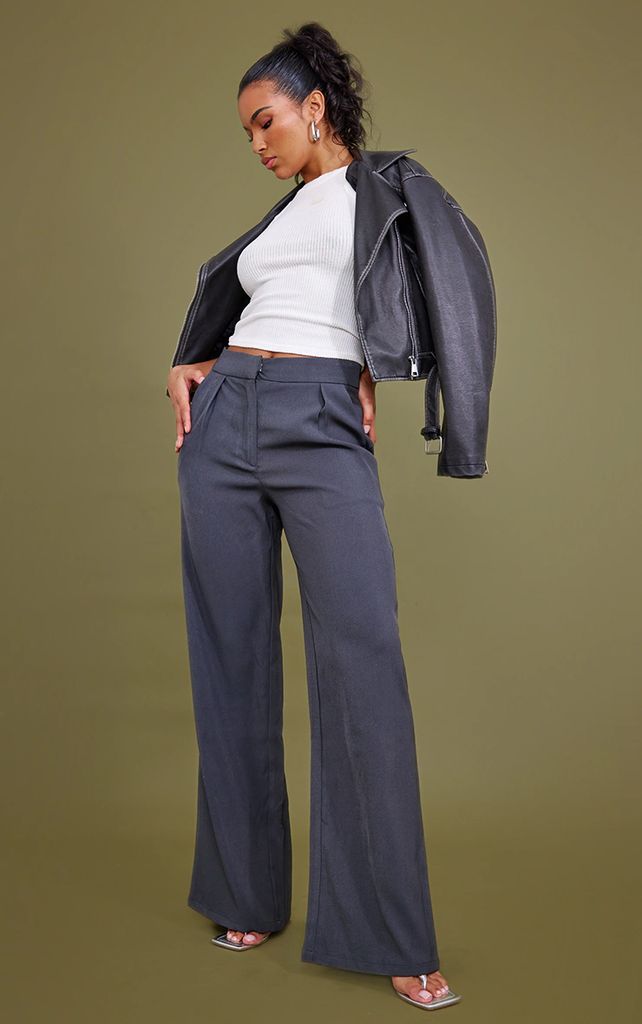 PLT Label Charcoal Grey Woven Wide Leg Tailored Trousers