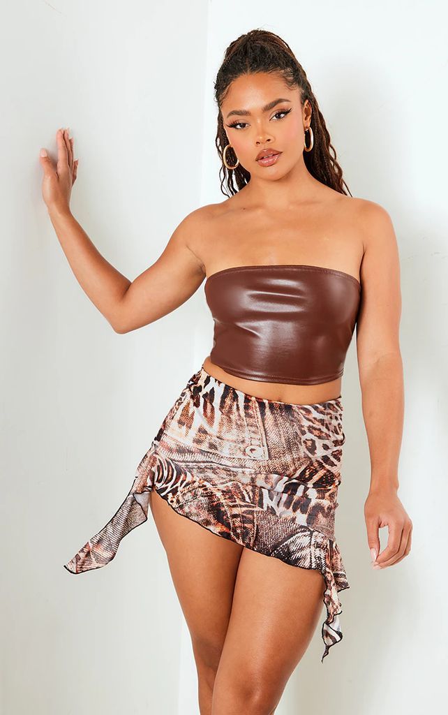 Brown Leopard Print Burnout Mesh Ruffle Asymmetric Hem Mini Skirt, Brown