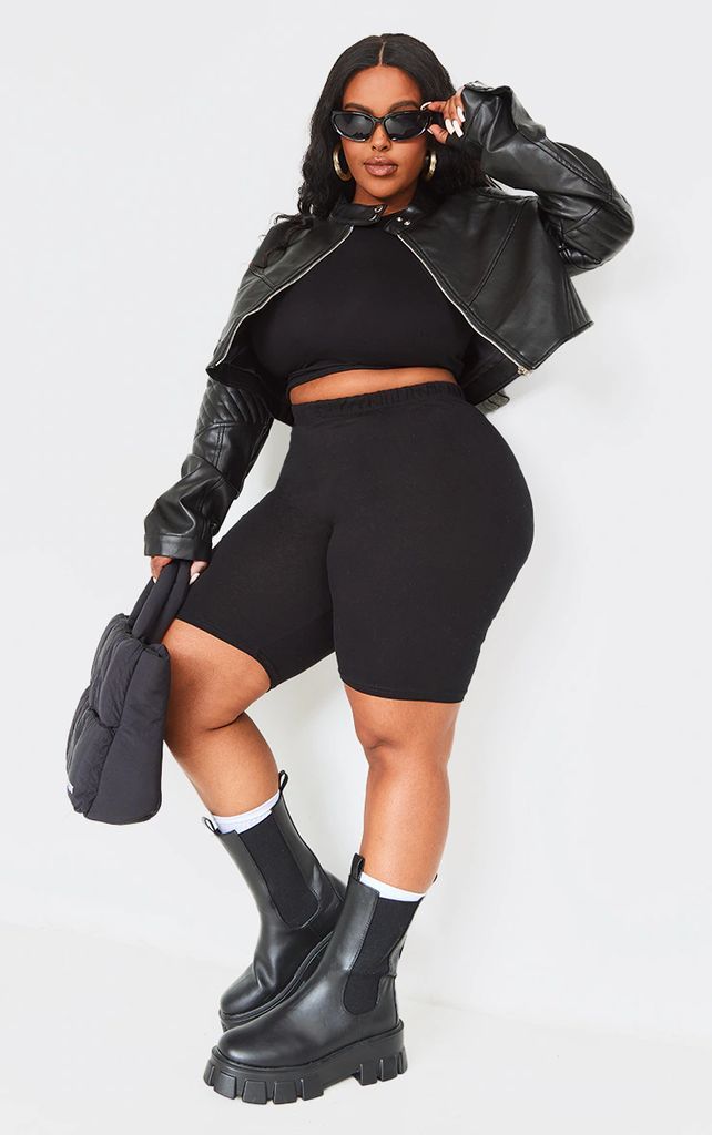 Plus Black Quilted Detail Super Cropped Faux Leather Jacket, Black
