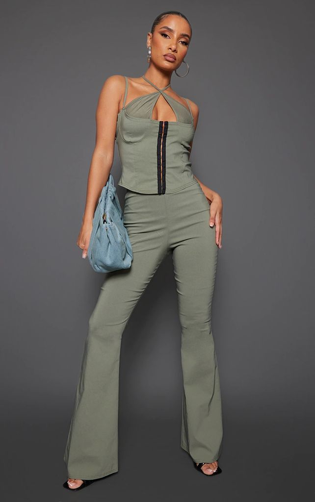 Khaki Stretch Woven Flared Trousers
