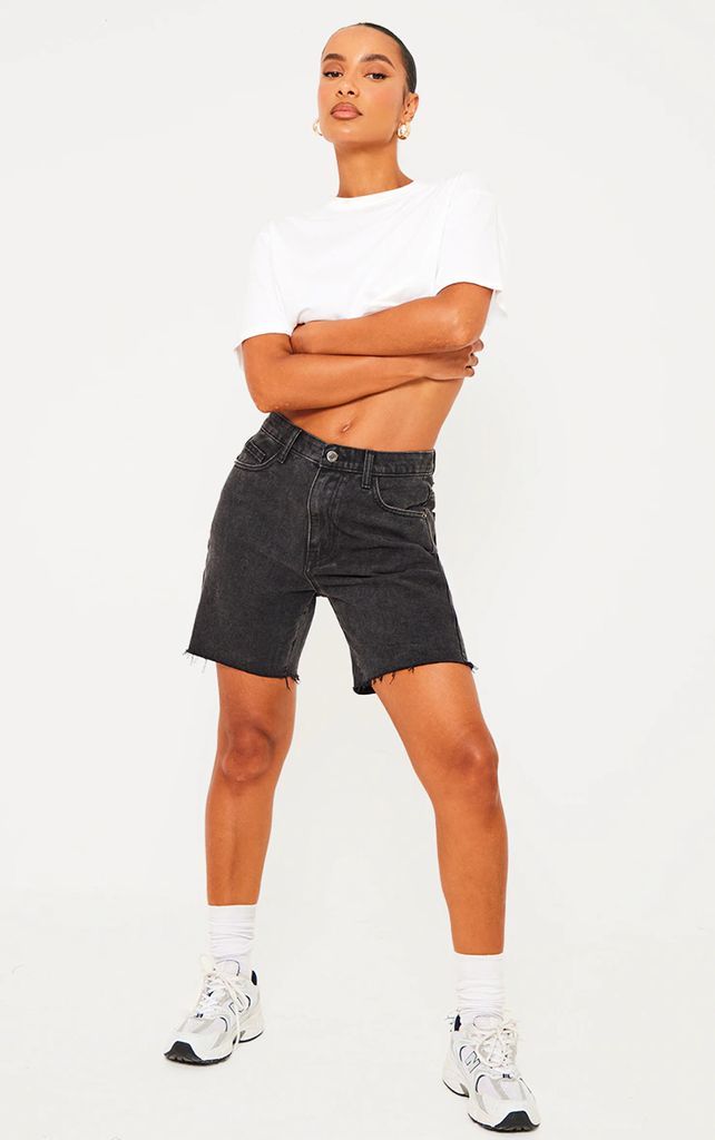 Washed Black Longline Fitted Denim Shorts, Washed Black