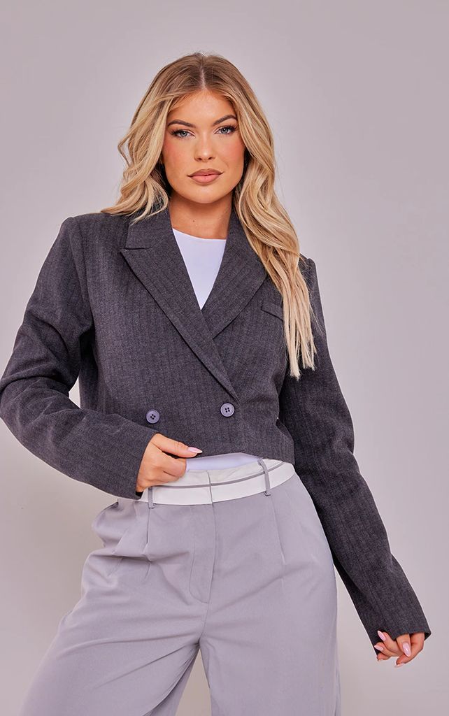 Grey Wool Look Cropped Shoulder Padded Blazer, Grey
