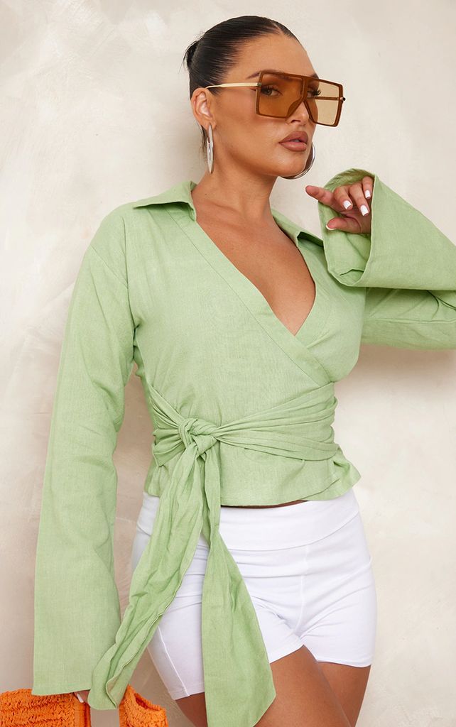 Olive Linen Look Wrap Front Fitted Shirt, Green