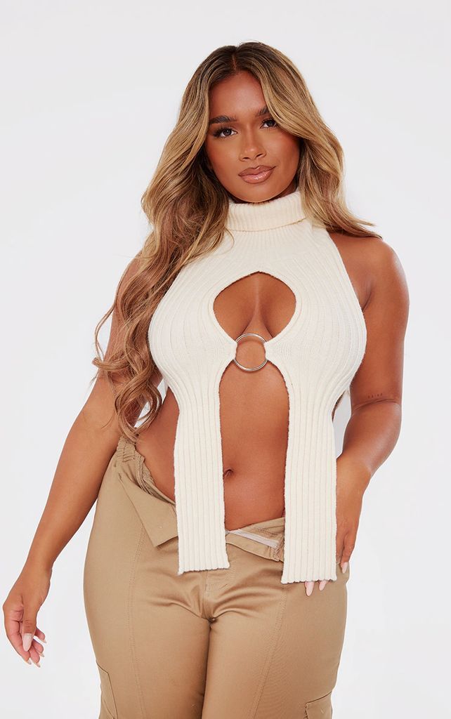 Shape Cream Knit Cut Out Ring Detail Crop Top, White