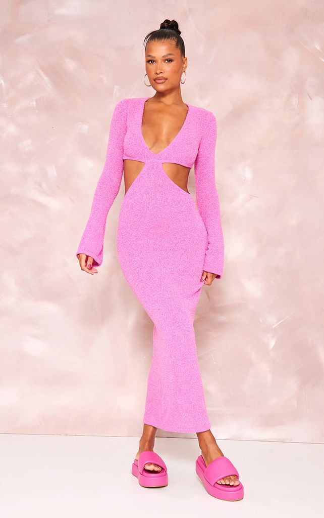 Fuchsia Bobble Knit Long Sleeve Cut Out Maxi Dress, Pink