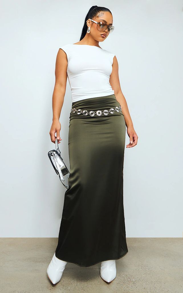 Khaki Satin Low Rise Maxi Skirt, Green