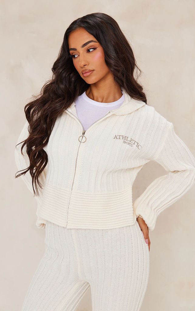 Petite Cream Athletic Sport Embroidered Knit Zip Up Cropped Cardigan, White