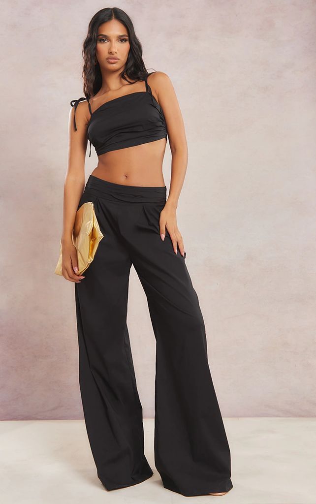 Black Pleated Waistband Extreme Wide Leg Trousers, Black