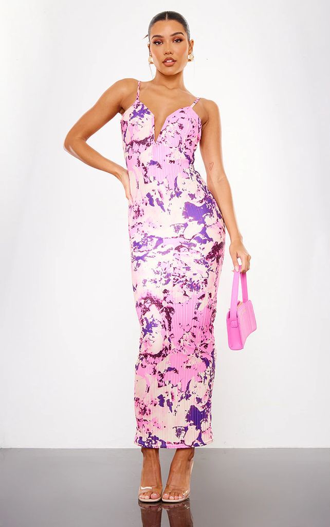 Purple Abstract Plisse Wired Plunge Ruched Bum Maxi Dress, Purple