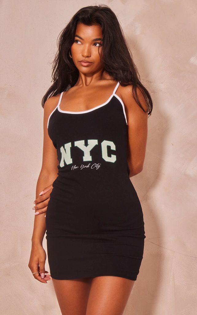 Black New York Slogan Strappy Bodycon Dress, Black