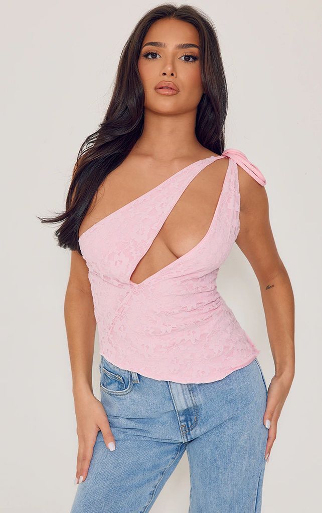 Petite Baby Pink Lace Cut Out Asymmetric Top, Pink