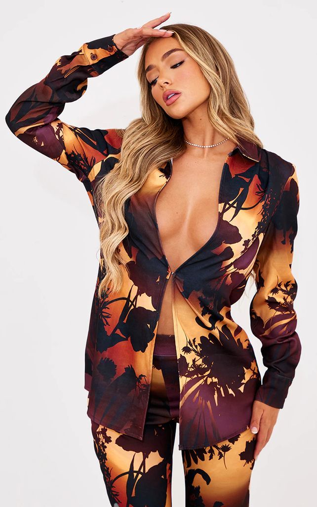 Brown Oversized Floral Ombre Print Shirt, Brown