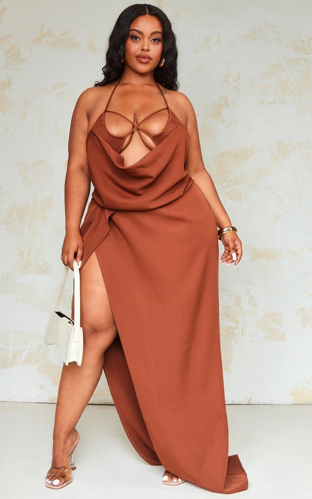 Plus Chocolate Strappy Cowl Front Side Split Maxi Dress, Chocolate