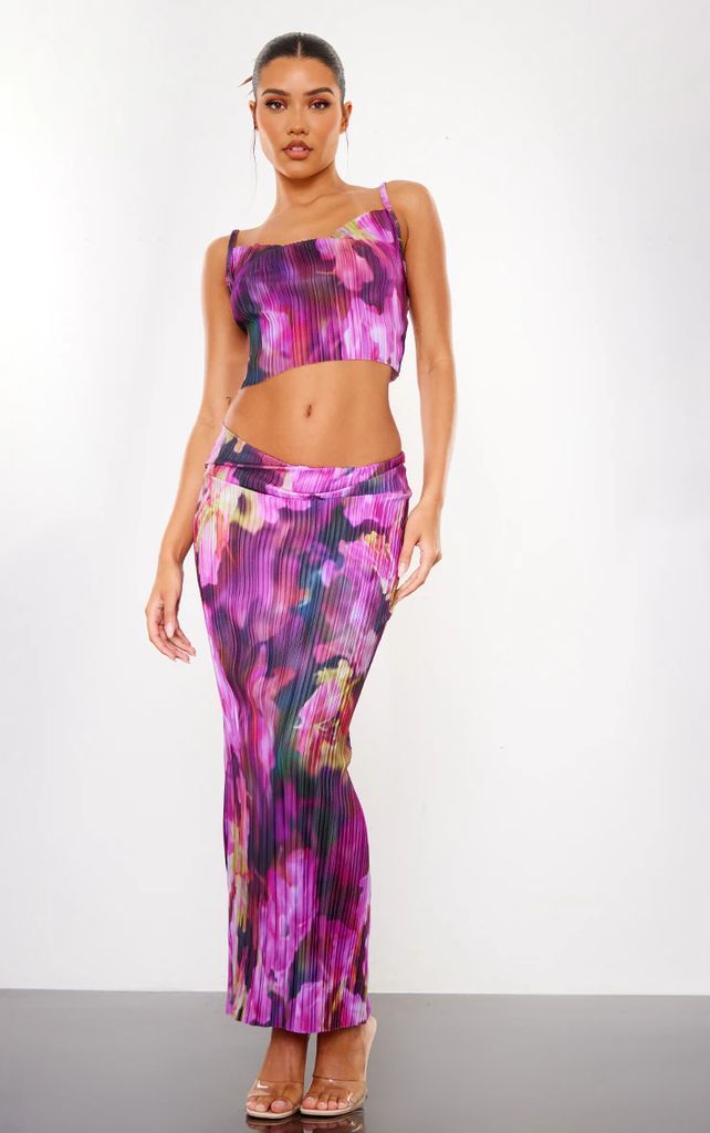 Purple Floral Print Plisse Maxi Skirt, Purple