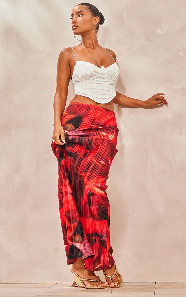 Red Floral Printed Plisse Maxi Skirt, Red