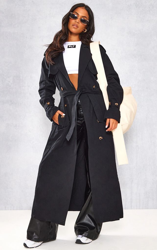 Tall Black Panel Detail Belted Trench Coat, Black