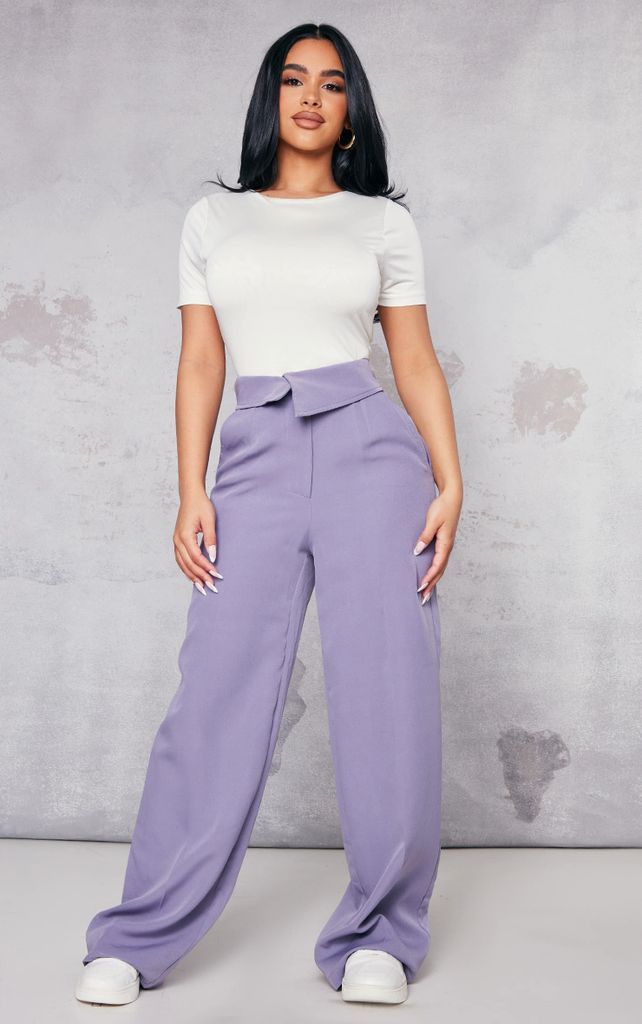 Petite Grey Fold Over Front Tailored Trousers