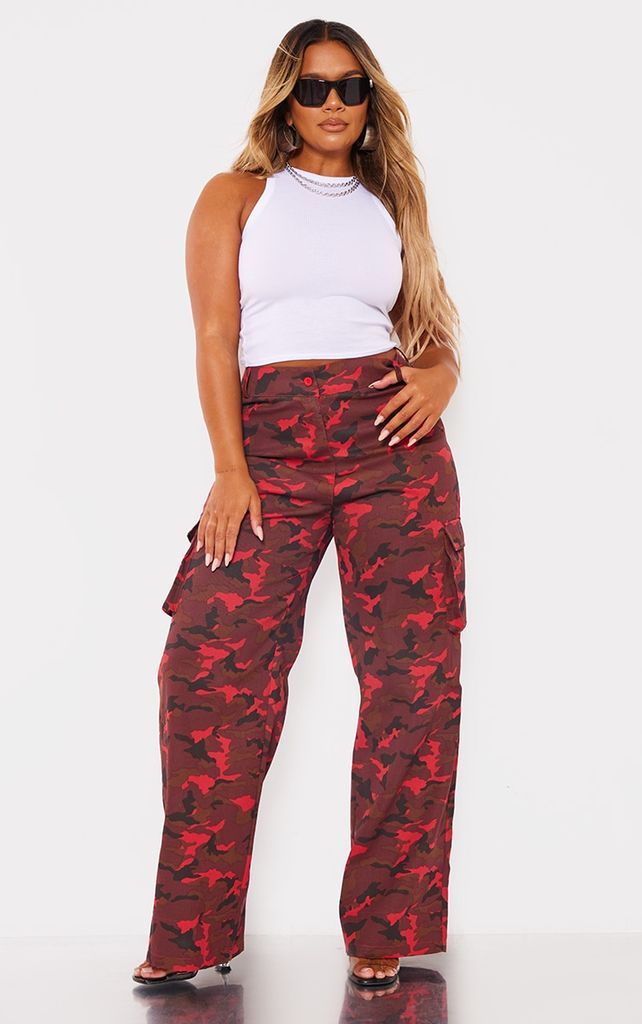 Shape Red Camo Print Pocket Detail Wide Leg Cargo Trousers, Red