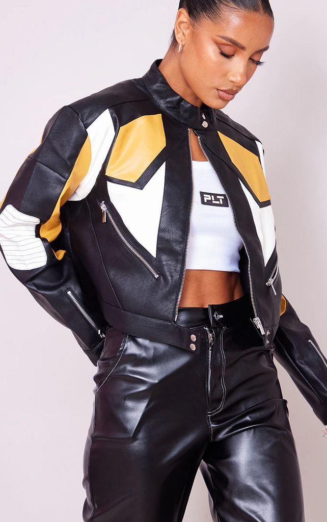 Black And Yellow Motocross Panel Detail Faux Leather Biker Jacket, Black