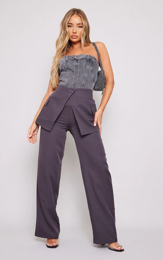 Charcoal Tailored Skirt Overlay Straight Leg Trousers, Grey