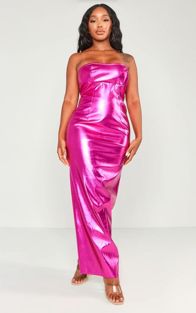 Shape Hot Pink Metallic Bandeau Maxi Dress, Hot Pink