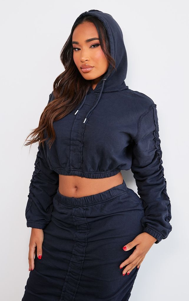 Shape Charcoal Ruched Sweat Long Sleeved Crop Hoodie, Grey