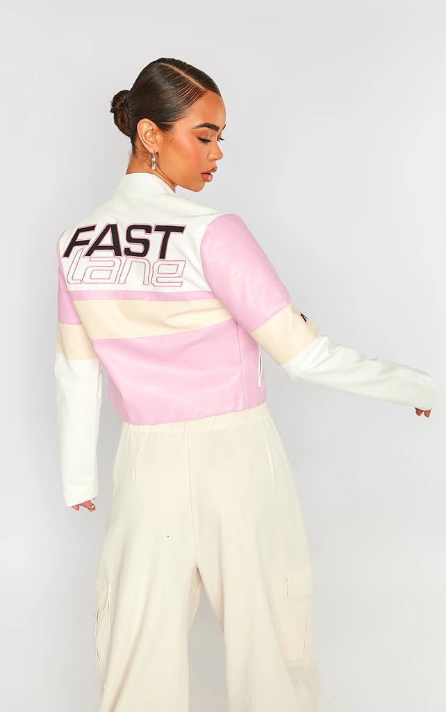 Light Pink Slogan Back Fitted Faux Leather Racer Jacket, Light Pink