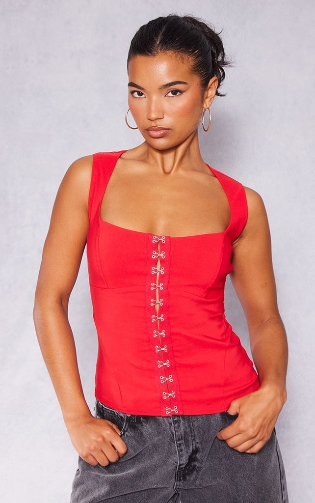 Red Stretch Woven Hook And Eye Detail Long Top, Red