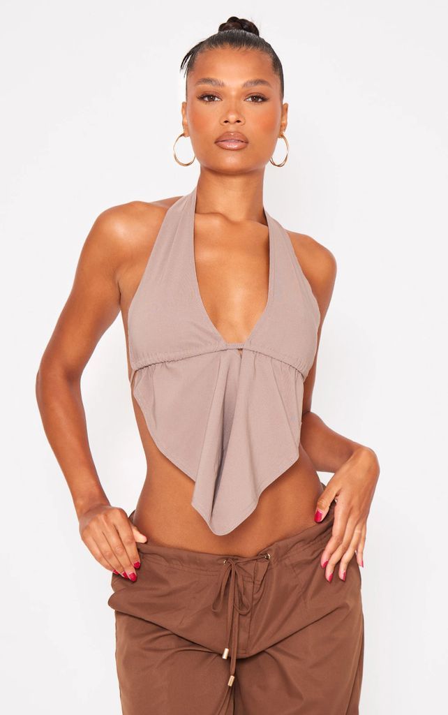 Taupe Stretch Woven Halter Tie Back Pointed Hem Long Top, Brown