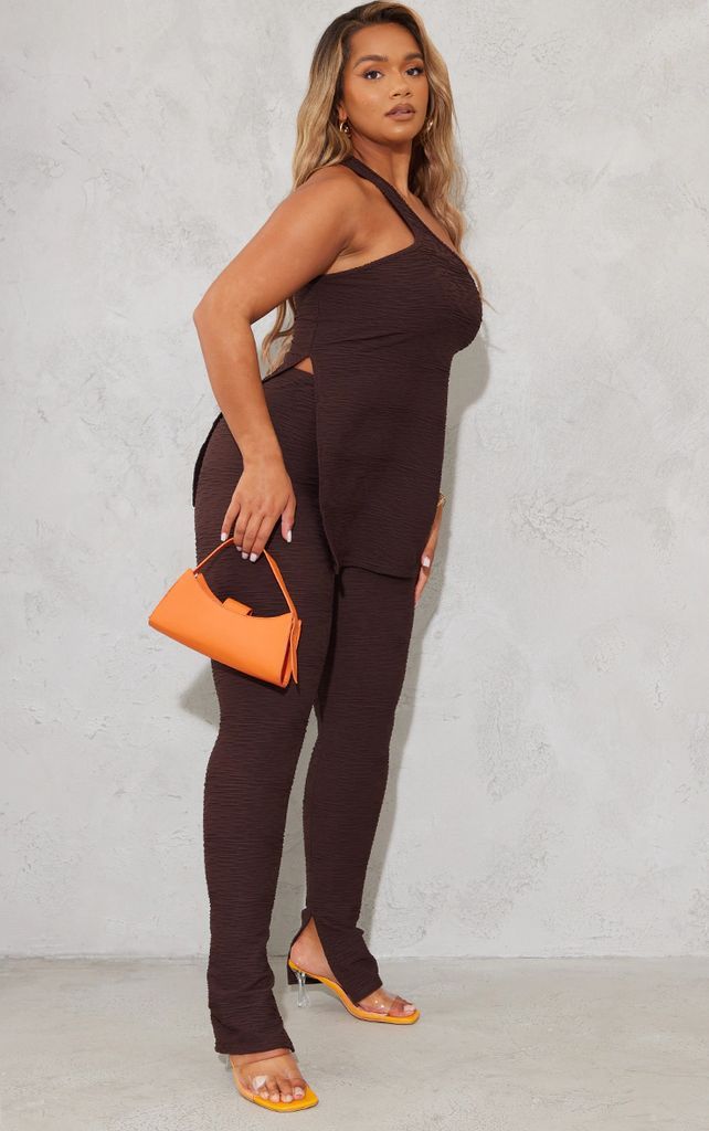 Shape Chocolate Brown Textured High Waist Split Hem Leggings