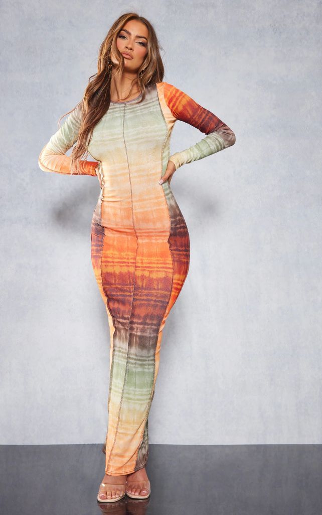 Rust Ombre Print Overlock Detail Long Sleeve Maxi Dress, Orange