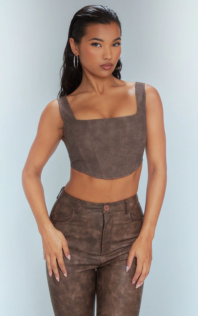 Chocolate Washed Faux Leather Boned Corset Crop Top, Chocolate