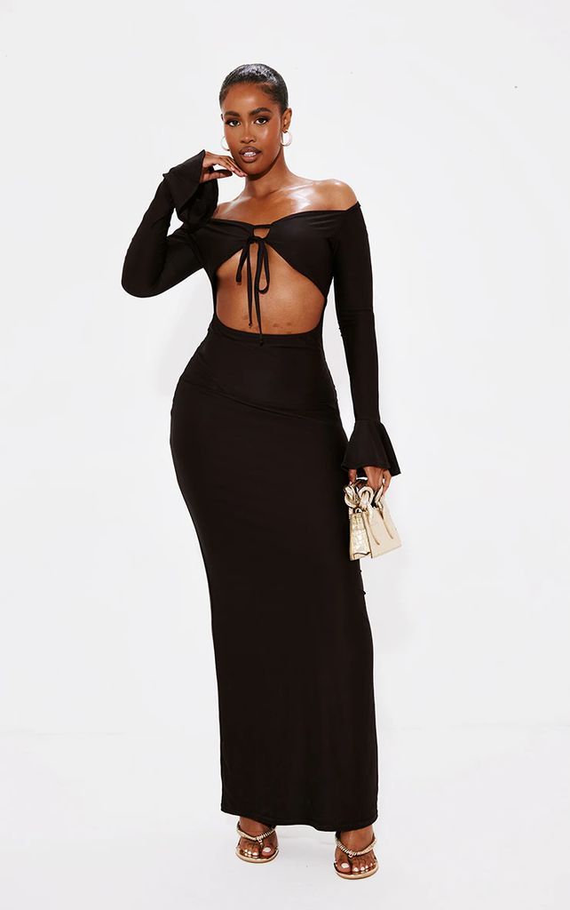 Shape Black Slinky Cut Out Detail Long Sleeve Maxi Dress, Black