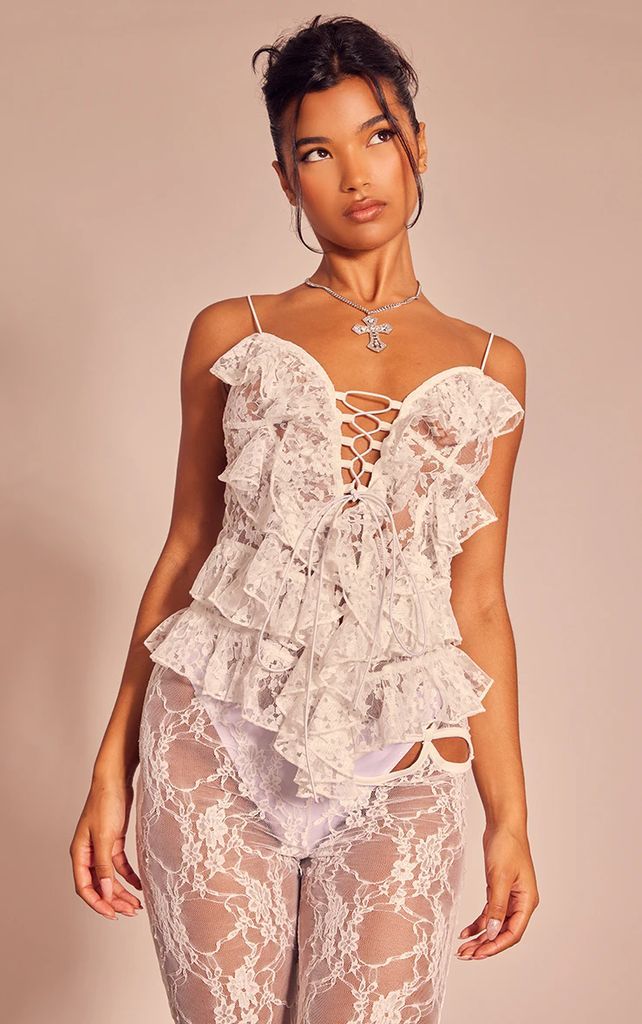 White Sheer Lace Ruffle Detail Strappy Top, White