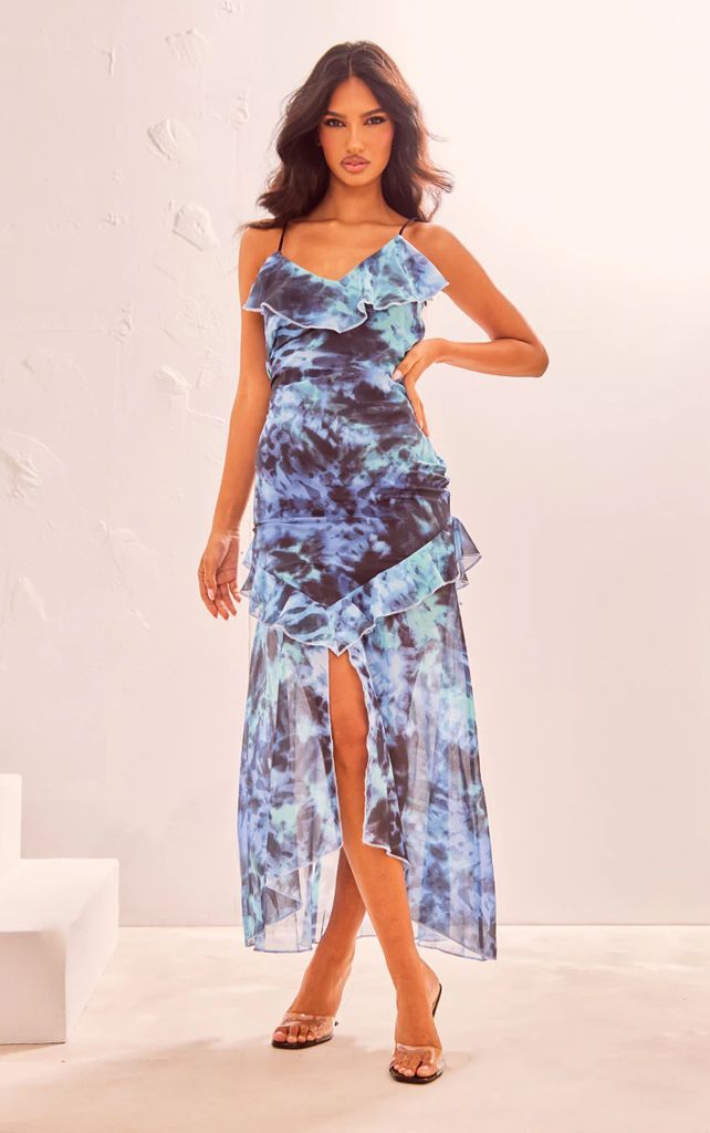 Blue Abstract Frill Strappy Maxi Dress, Blue