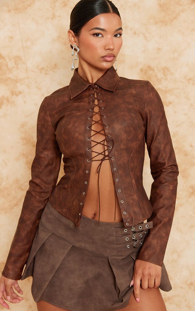 Brown Washed Faux Leather Lace Up Long Sleeve Fitted Shirt, Brown