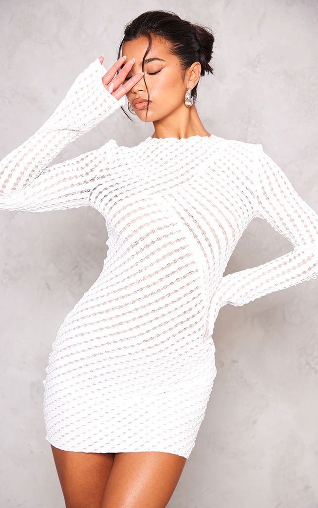 White Crinkle Texture Long Sleeve Bodycon Dress, White