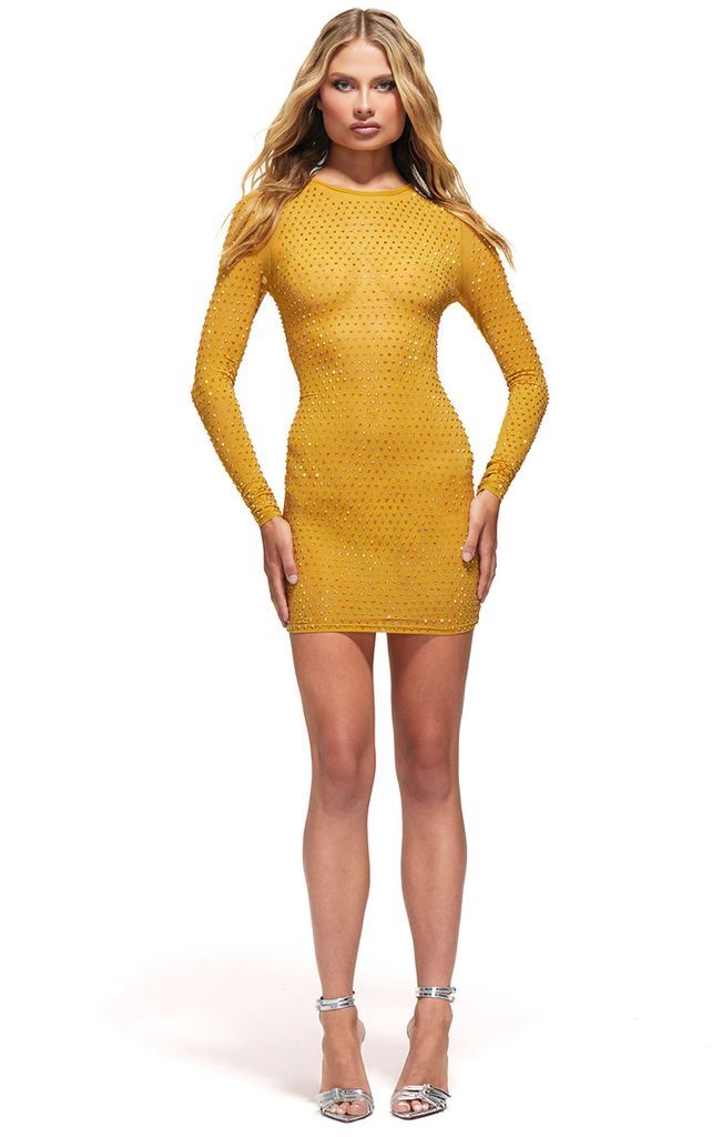 Chartreuse Embellished Mesh Bodycon Dress, Chartreuse