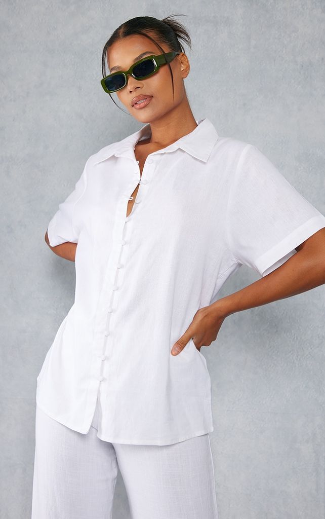White Linen Look Oversized Button Detail Short Sleeve Pocket Detail Shirt, White