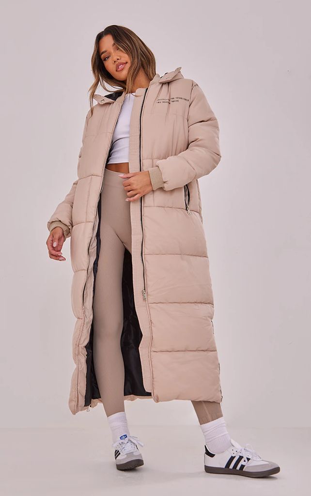 Stone Text Front Maxi Puffer Coat, White