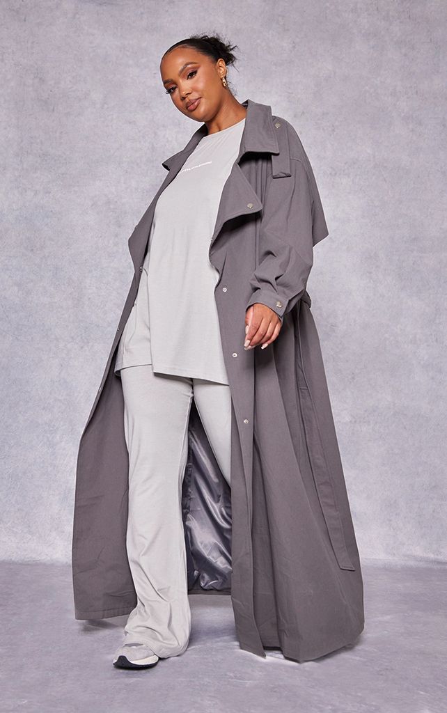 Plus Charcoal Popper Detail Trench Coat, Grey