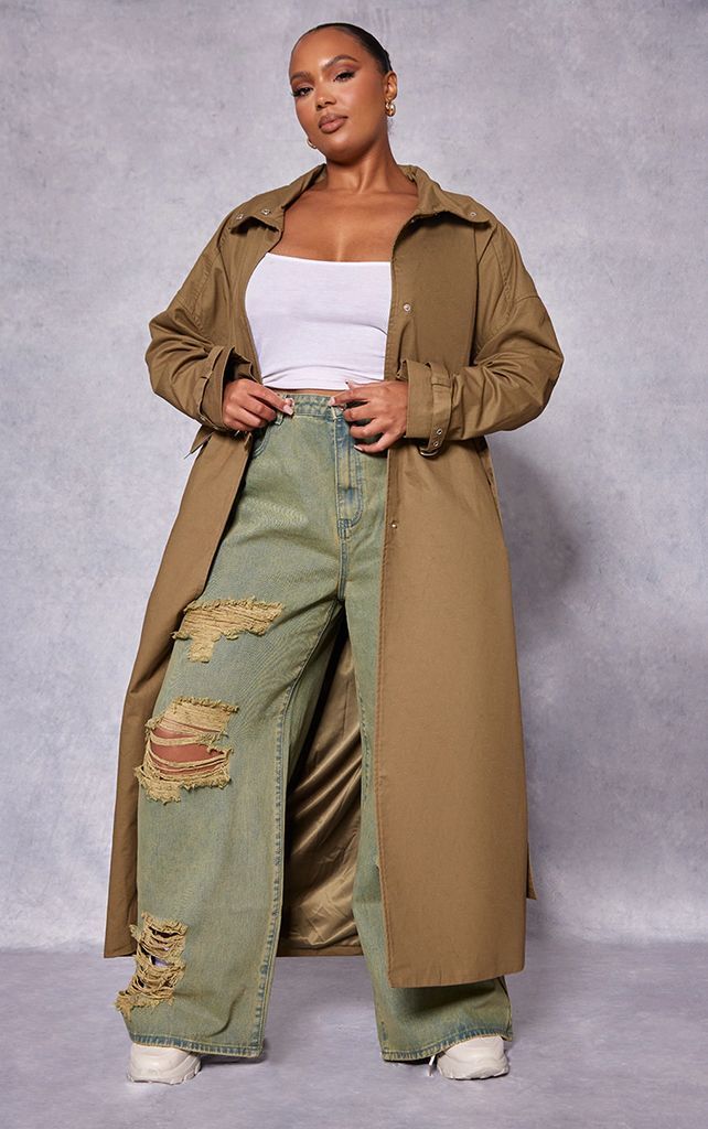 Plus Khaki Belted Cuff Detail Trench Coat, Green