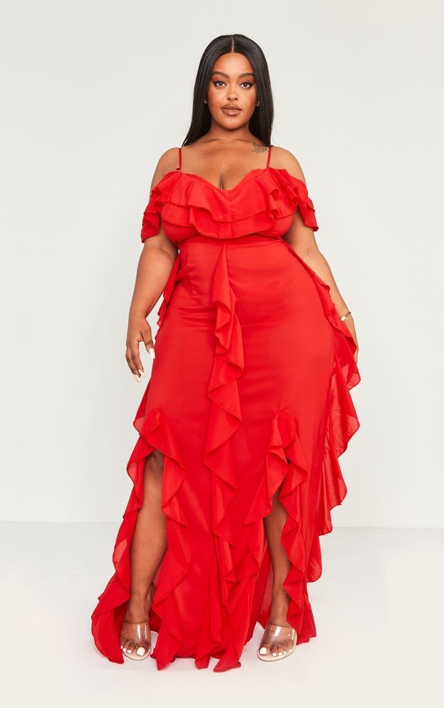 Plus Red Cold Shoulder Ruffle Detail Maxi Dress, Red